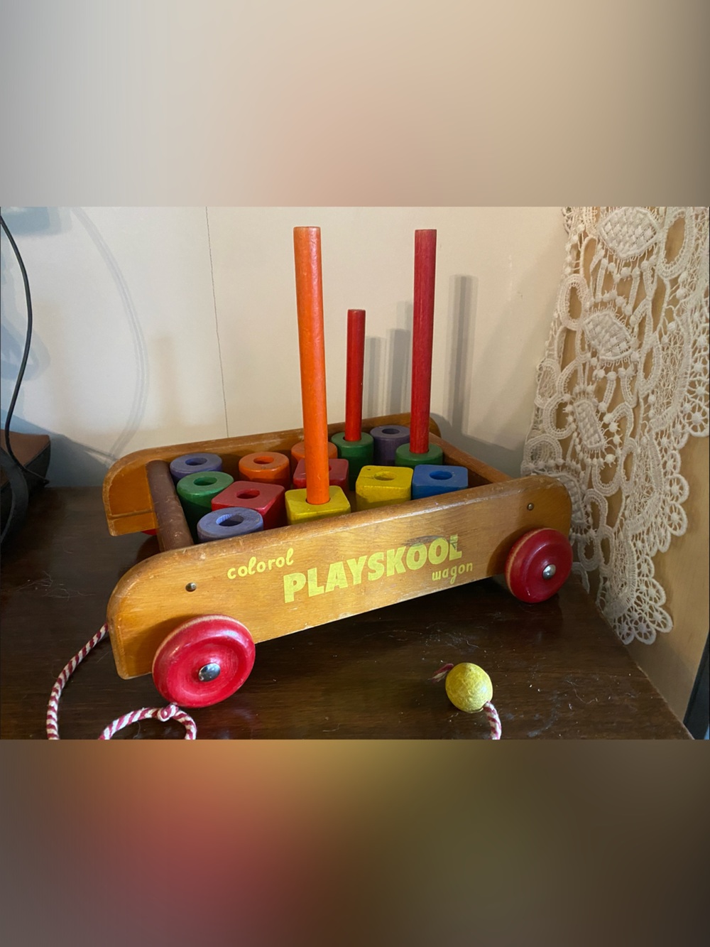 PLAYSKOOL Colorol Wooden Pull Wagon with Multicolor Pegs - Red Wheels